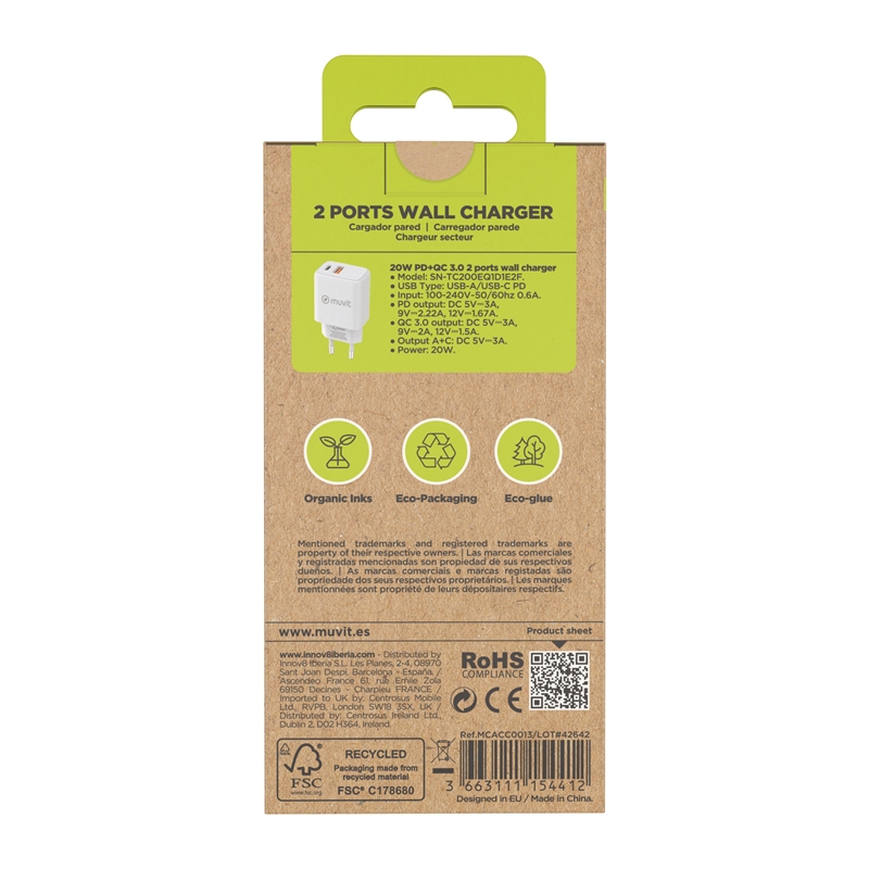 muvit for change cargador de pared 1 USB QC 3.0 18W+1 Tipo C PD 20W blanco