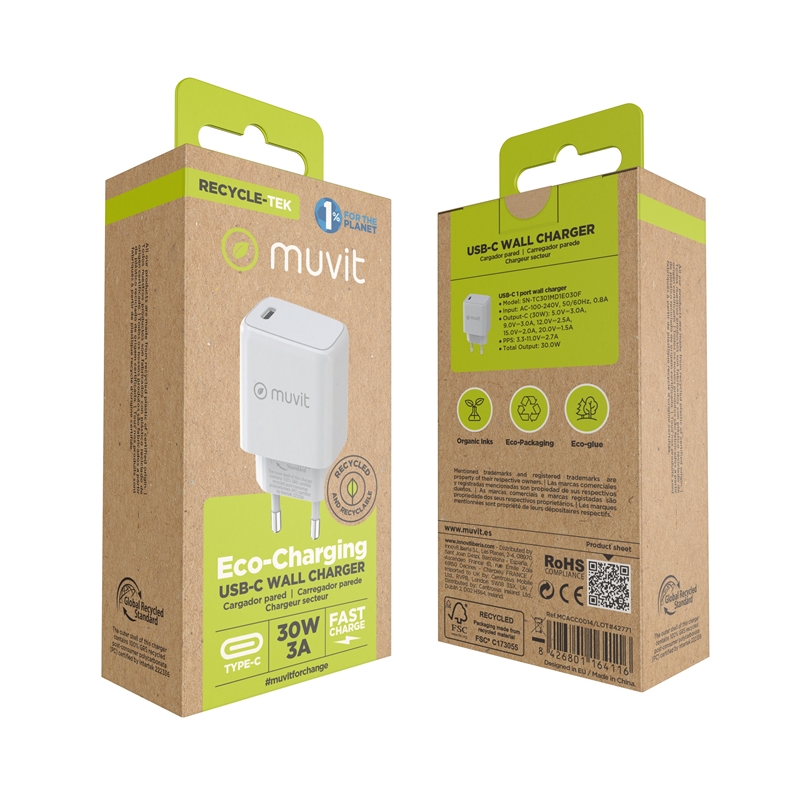 muvit for change cargador de pared Tipo C PD 30W blanco