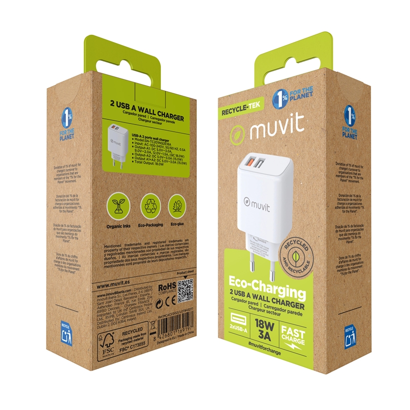 muvit for change cargador de pared 2 USB 3A/18W blanco