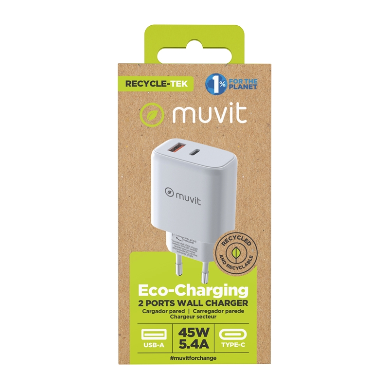 muvit for change cargador de pared GaN USB 18W + Tipo C PD45W blanco
