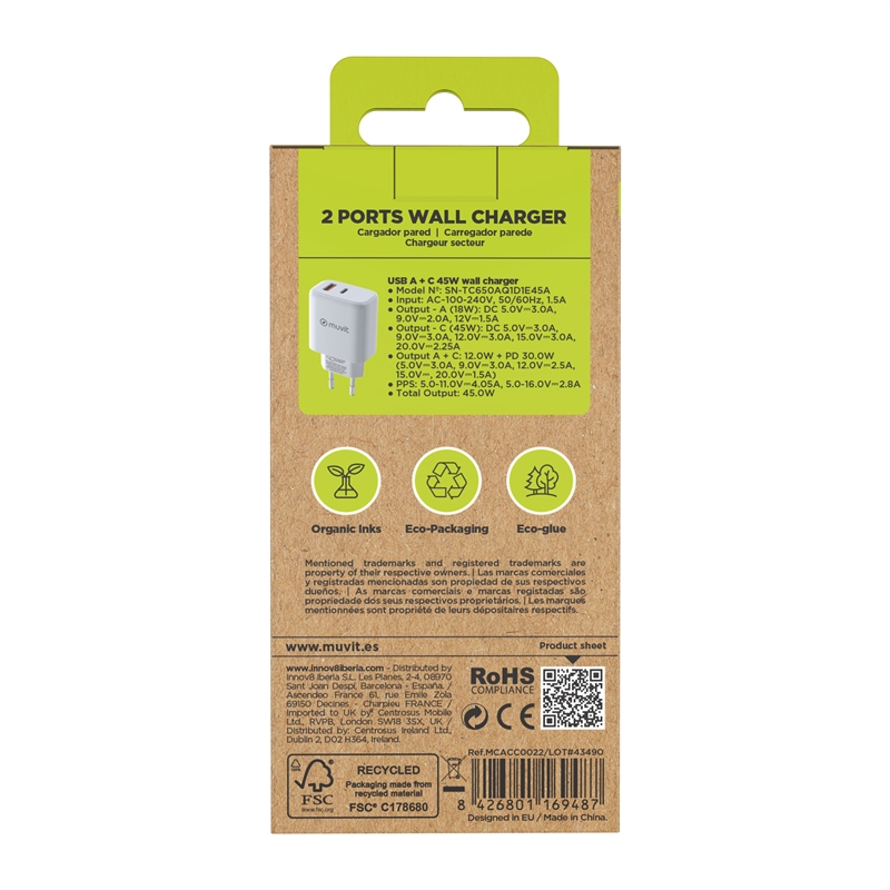 muvit for change cargador de pared GaN USB 18W + Tipo C PD45W blanco