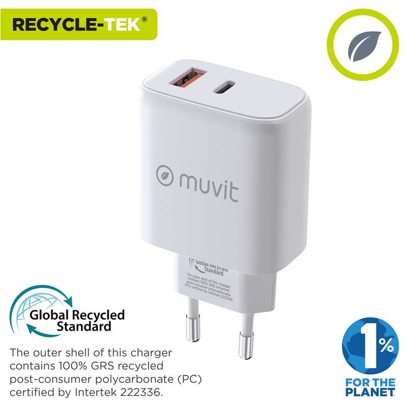 muvit for change cargador de pared GaN 1 USB QC 3.0 18W + Tipo C PD65W blanco