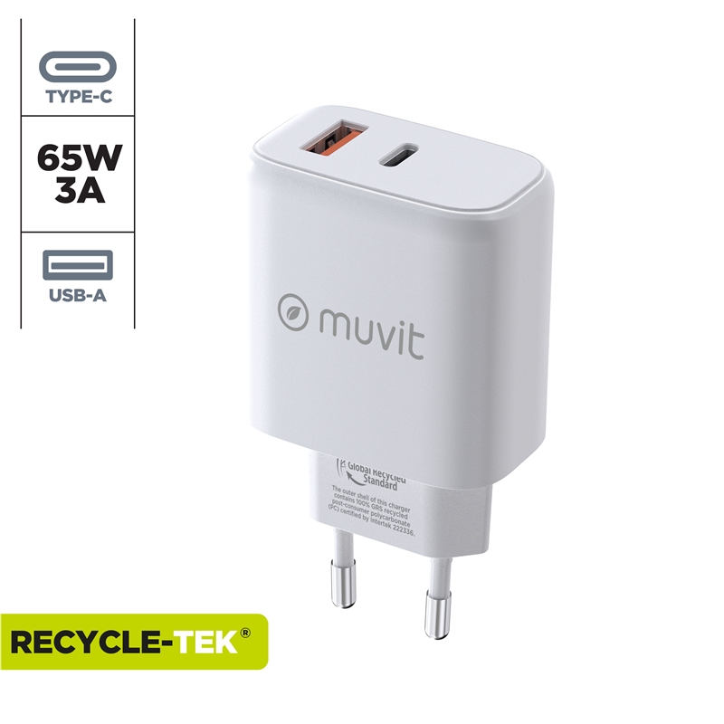 muvit for change cargador de pared GaN 1 USB QC 3.0 18W + Tipo C PD65W blanco