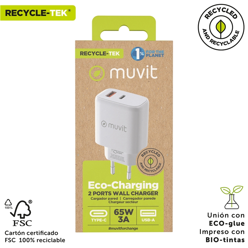 muvit for change cargador de pared GaN 1 USB QC 3.0 18W + Tipo C PD65W blanco