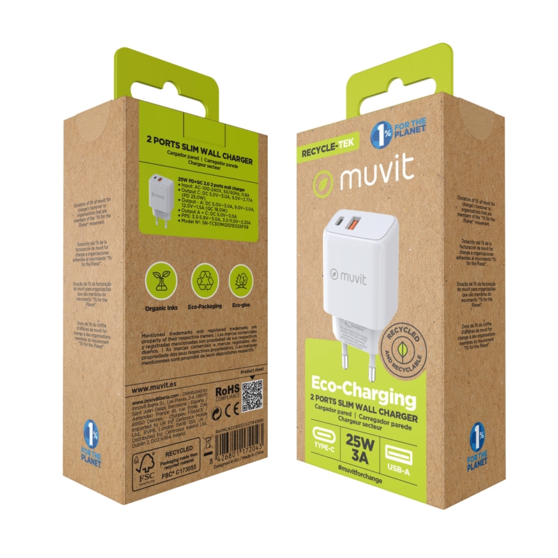 muvit for change cargador de pared 1 USB QC 3.0 18W + 1 Tipo C PD 25W blanco
