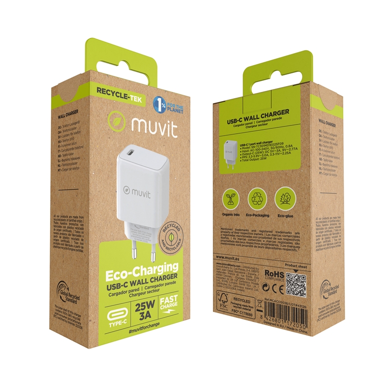 muvit for change cargador de pared Tipo C PD 25W blanco