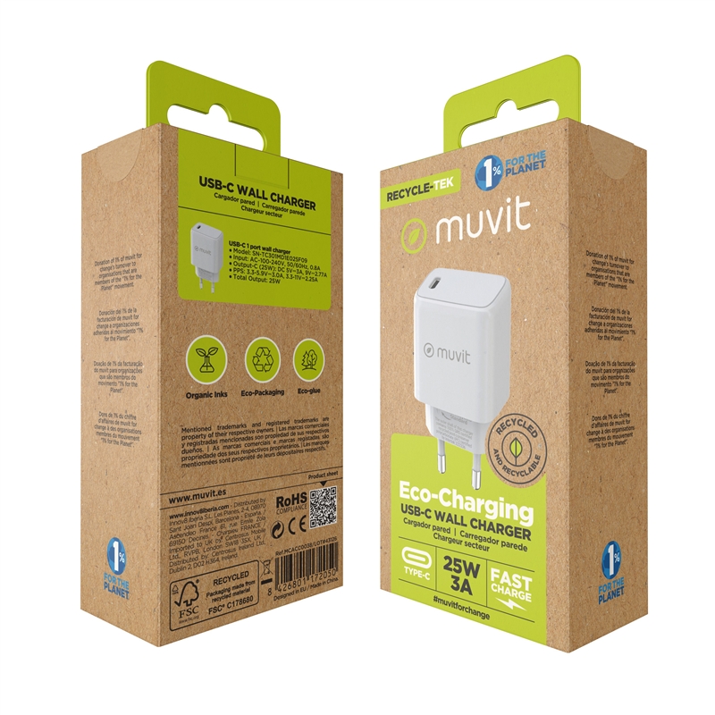 muvit for change cargador de pared Tipo C PD 25W blanco
