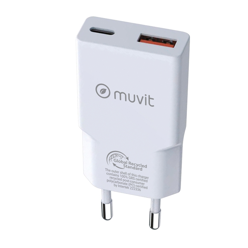 muvit for change cargador de pared Slim 1 USB QC 3.0 18W+1 Tipo C PD 30W blanco