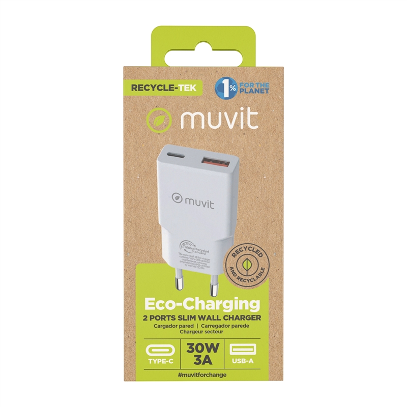 muvit for change cargador de pared Slim 1 USB QC 3.0 18W+1 Tipo C PD 30W blanco