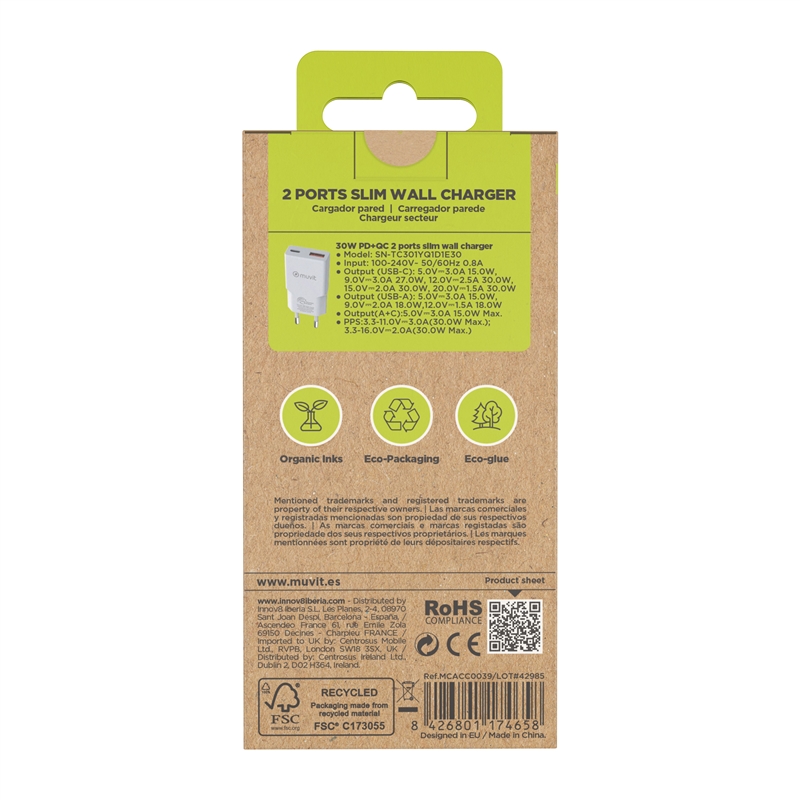 muvit for change cargador de pared Slim 1 USB QC 3.0 18W+1 Tipo C PD 30W blanco
