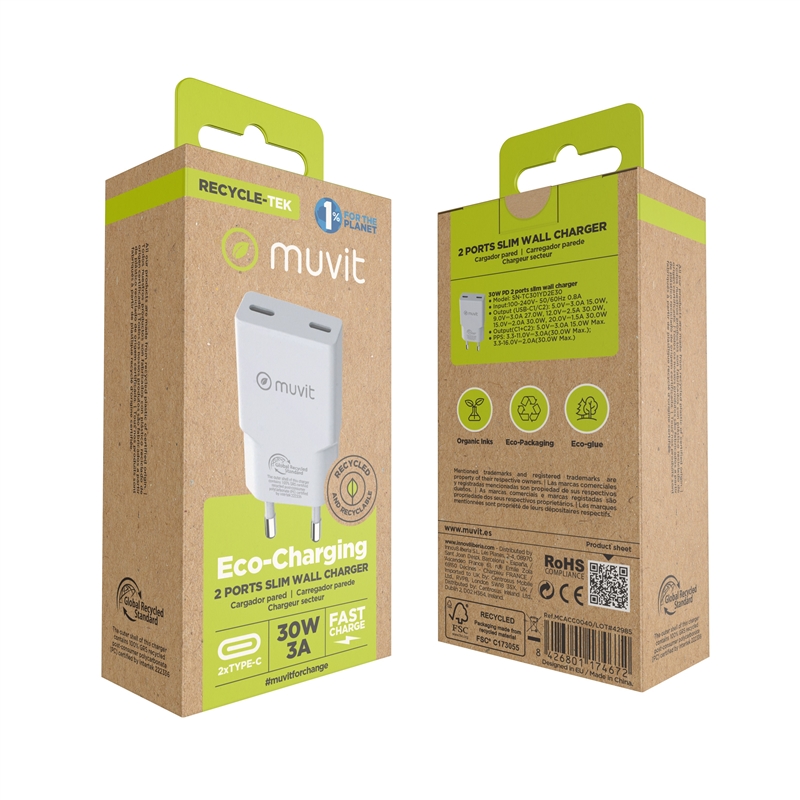 muvit for change cargador de pared Slim 2 Tipo C PD 30W blanco