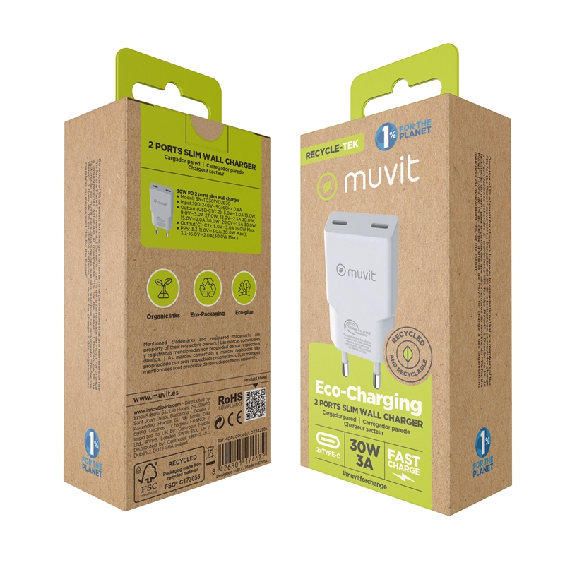 muvit for change cargador de pared Slim 2 Tipo C PD 30W blanco