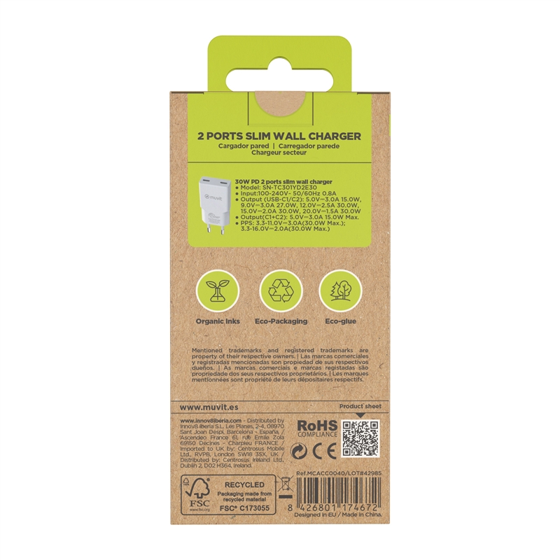 muvit for change cargador de pared Slim 2 Tipo C PD 30W blanco