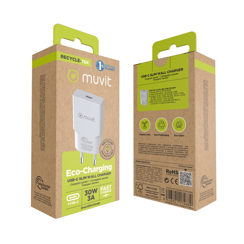 muvit for change cargador de pared Slim Tipo C PD 30W blanco