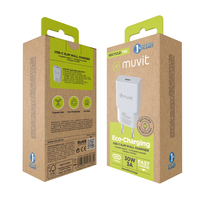 muvit for change cargador de pared Slim Tipo C PD 30W blanco
