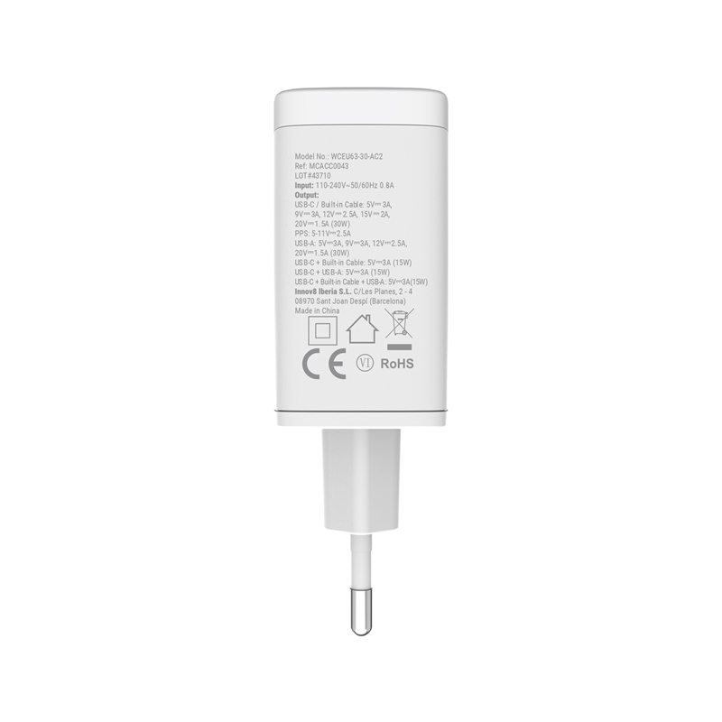 muvit for change cargador de pared Retráctil Tipo C PD 30W blanco
