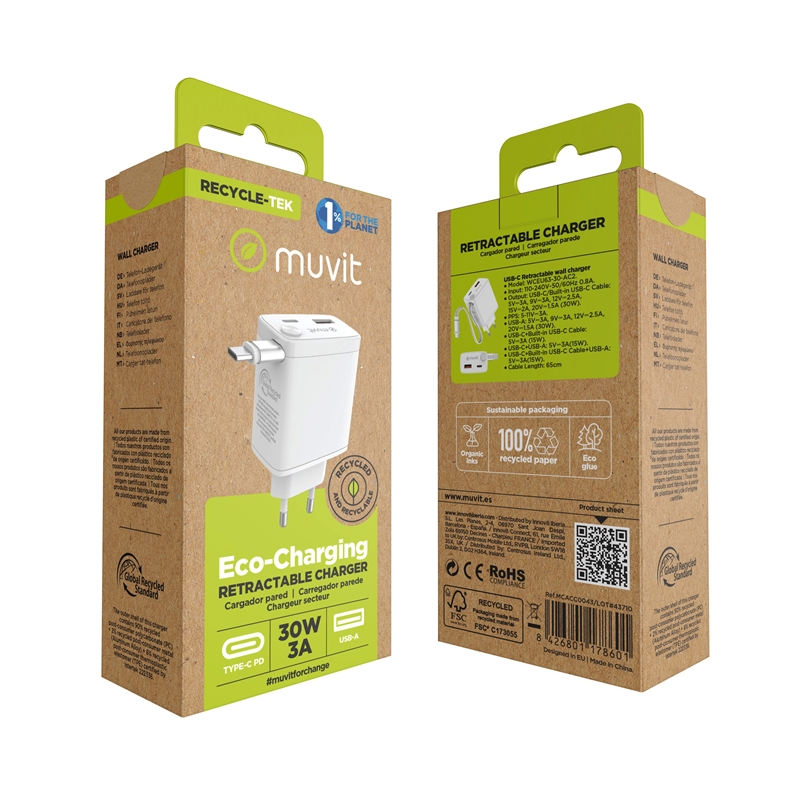 muvit for change cargador de pared Retráctil Tipo C PD 30W blanco