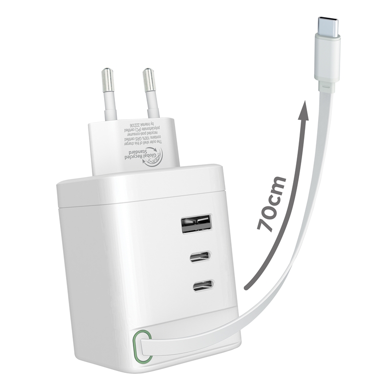muvit for change cargador de pared Retráctil Tipo C PD 100W,2 USB-C y 1 USB blanco
