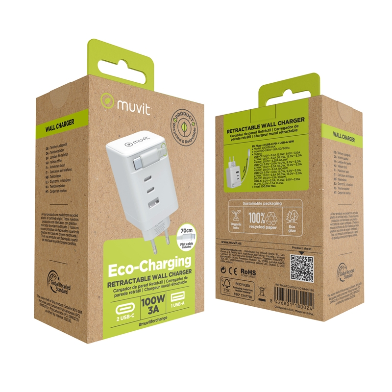 muvit for change cargador de pared Retráctil Tipo C PD 100W,2 USB-C y 1 USB blanco