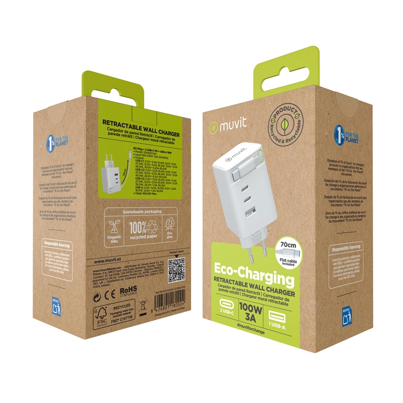 muvit for change cargador de pared Retráctil Tipo C PD 100W,2 USB-C y 1 USB blanco