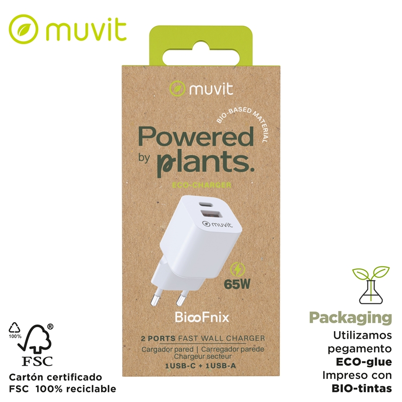 muvit for change cargador de pared GaN 1 USB QC 3.0 18W + Tipo C PD65W BiooFnix