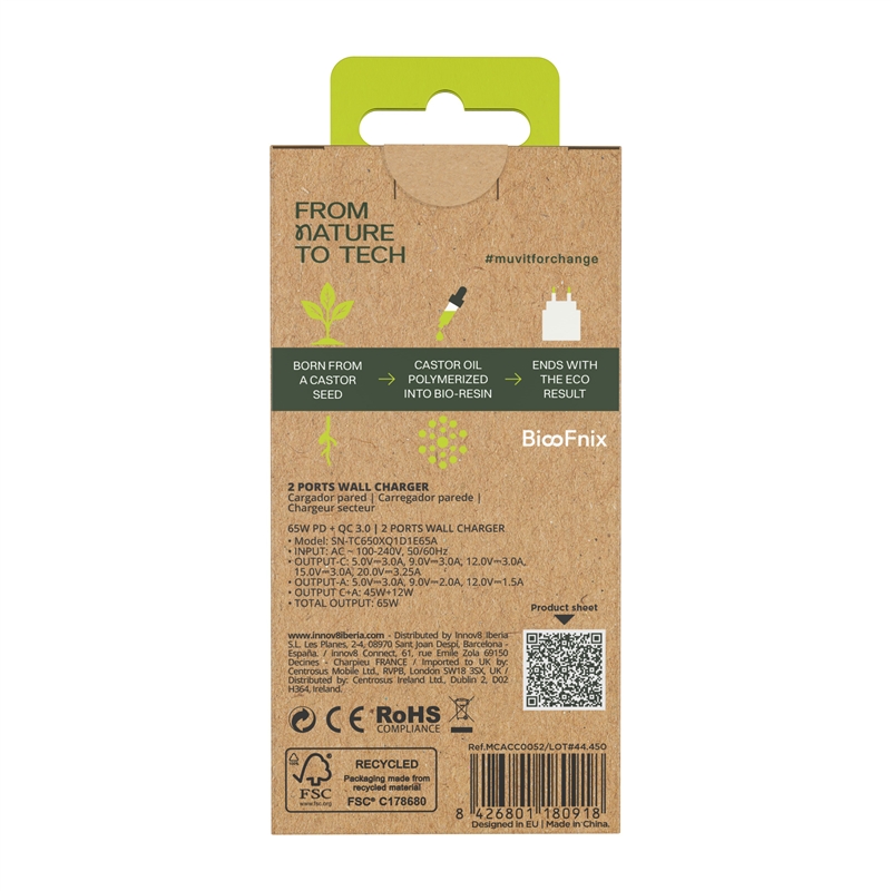muvit for change cargador de pared GaN 1 USB QC 3.0 18W + Tipo C PD65W BiooFnix