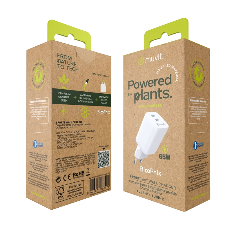 muvit for change cargador de pared GaN 2 Tipo C PD65W BiooFnix