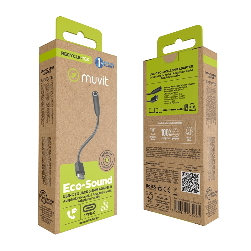 muvit for change adaptador Tipo C a Jack 3.5mm negro