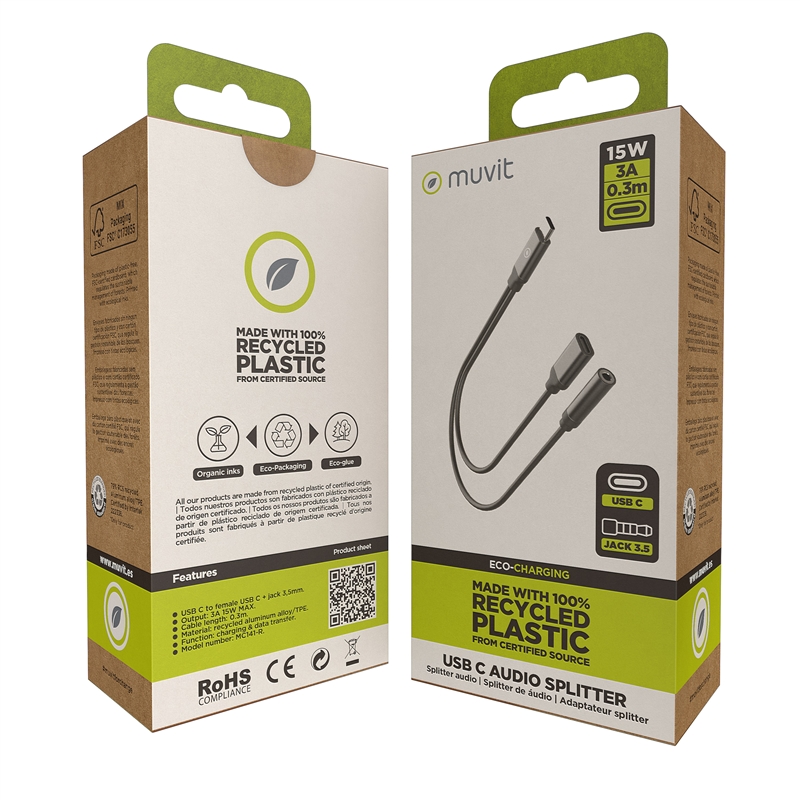 muvit for change splitter carga y música tipo C negro