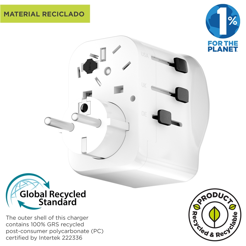 muvit for change adaptador Universal de viaje 2 USB-C PD45W + 1 USB-A blanco