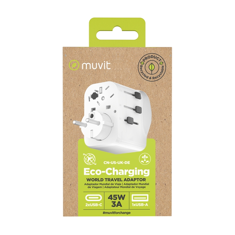muvit for change adaptador Universal de viaje 2 USB-C PD45W + 1 USB-A blanco