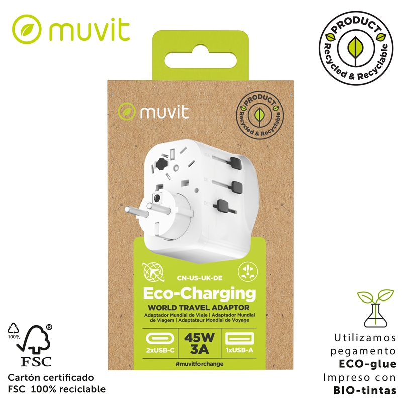 muvit for change adaptador Universal de viaje 2 USB-C PD45W + 1 USB-A blanco