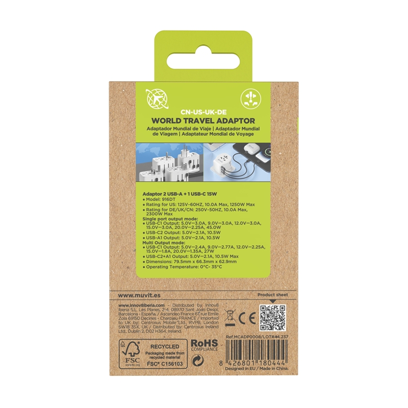 muvit for change adaptador Universal de viaje 2 USB-C PD45W + 1 USB-A blanco