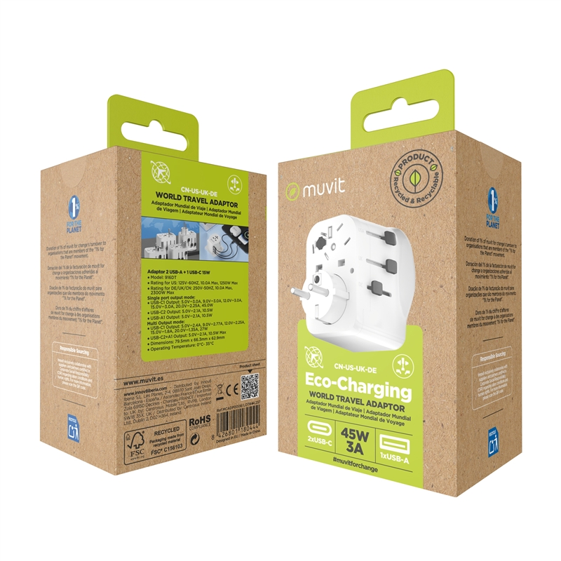 muvit for change adaptador Universal de viaje 2 USB-C PD45W + 1 USB-A blanco