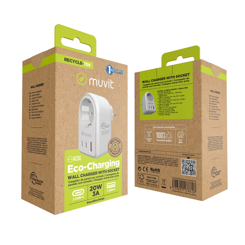 muvit for change enchufe 2 Tipo C 20W + 1 USB blanco