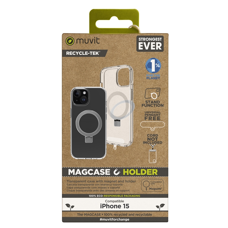 muvit for change funda Magsafe con soporte compatible con Apple iPhone 15 transparente