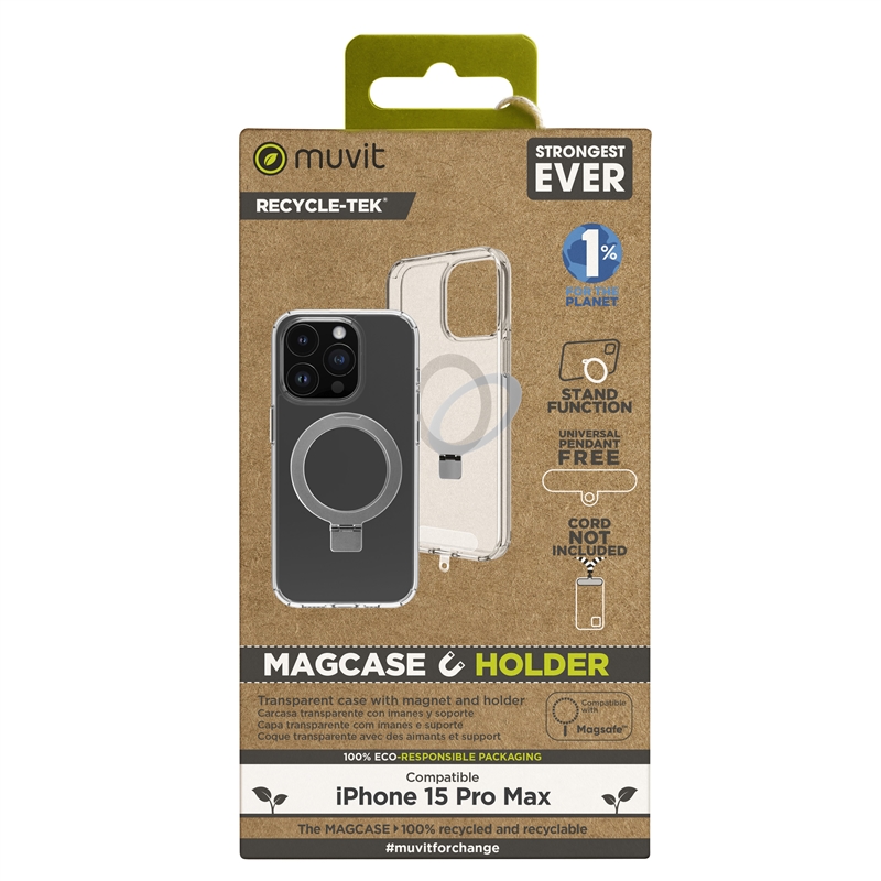 muvit for change funda Magsafe con soporte compatible con Apple iPhone 15 Pro Max transparente