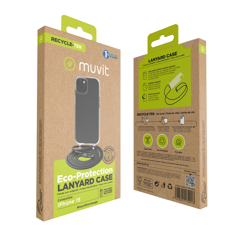 muvit for change funda con colgante negro compatible con Apple iPhone 15 transparente