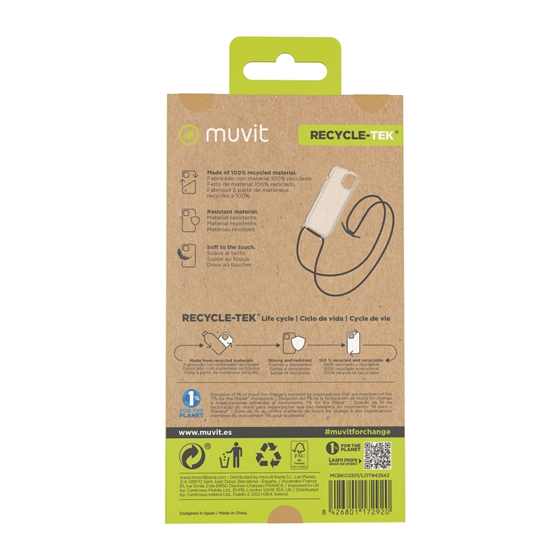 muvit for change funda con colgante negro compatible con Apple iPhone 15 Pro transparente