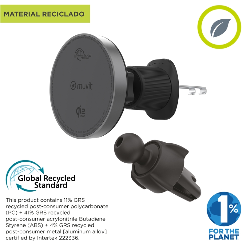 muvit for change soporte coche cargador inalámbrico Qi2 25W para salida aire, sujeción rejilla 2 ganchos + pinza negro