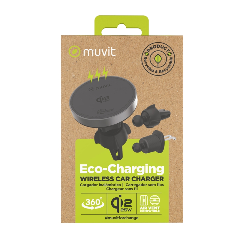 muvit for change soporte coche cargador inalámbrico Qi2 25W para salida aire, sujeción rejilla 2 ganchos + pinza negro