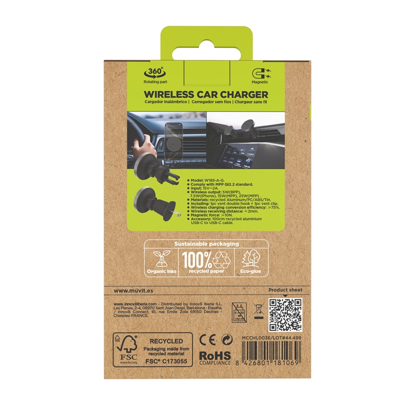 muvit for change soporte coche cargador inalámbrico Qi2 25W para salida aire, sujeción rejilla 2 ganchos + pinza negro