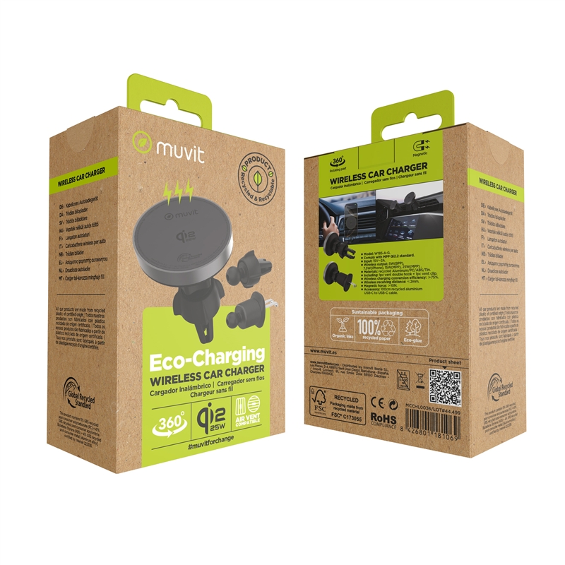 muvit for change soporte coche cargador inalámbrico Qi2 25W para salida aire, sujeción rejilla 2 ganchos + pinza negro