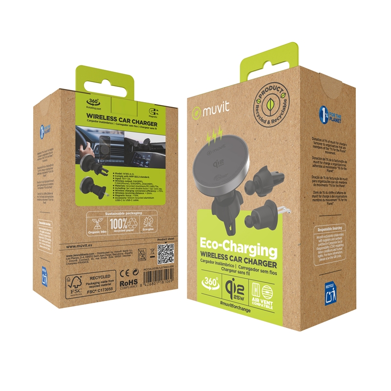 muvit for change soporte coche cargador inalámbrico Qi2 25W para salida aire, sujeción rejilla 2 ganchos + pinza negro