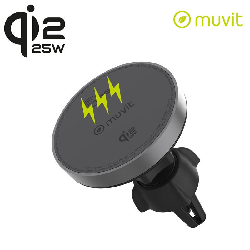 muvit for change soporte coche cargador inalámbrico Qi2 25W para salida aire, sujeción rejilla 2 ganchos + pinza negro