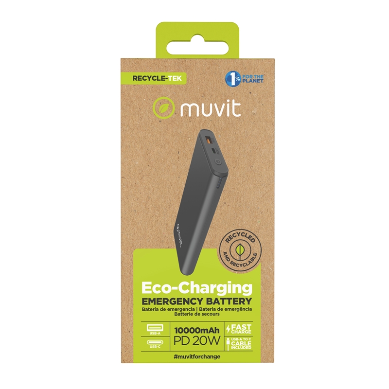 muvit for change power bank 10000 mAh USB A 2,4A + USB C PD/Output (USB A+tipo C) negro