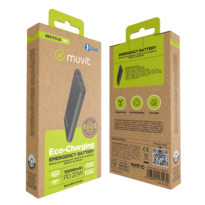 muvit for change power bank 10000 mAh USB A 2,4A + USB C PD/Output (USB A+tipo C) negro