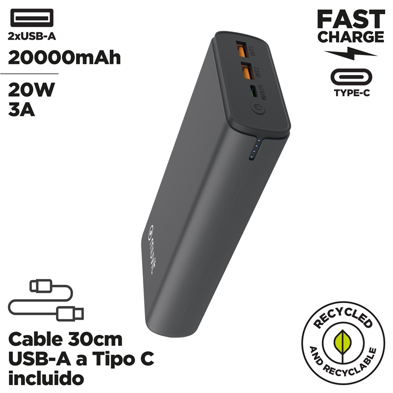 muvit for change power bank 20000 mAh Dual USB + Dual USB C + Output (USB A+tipo C)PD 20w negra