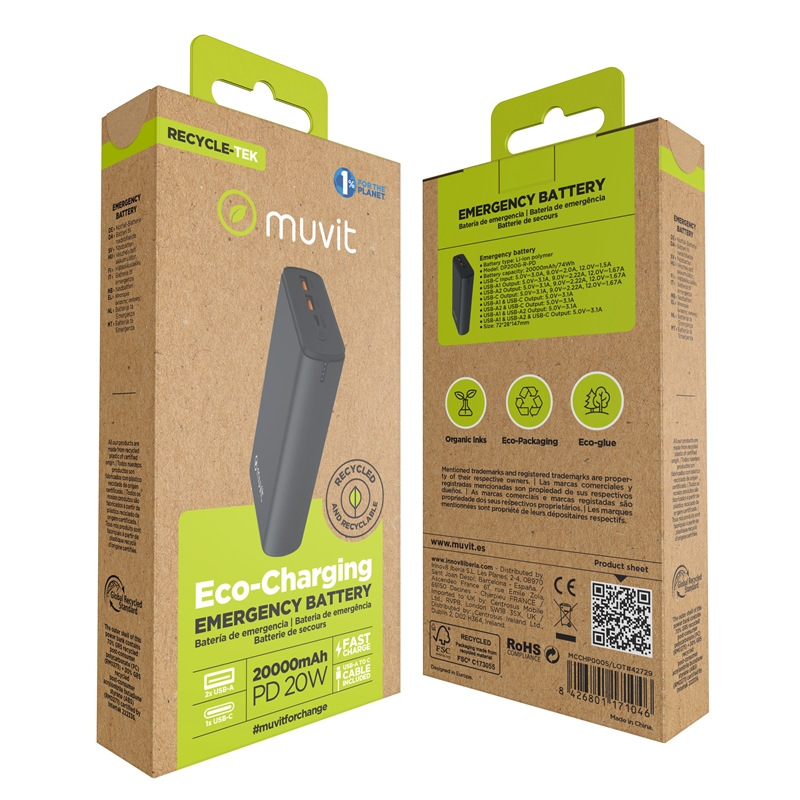 muvit for change power bank 20000 mAh Dual USB + Dual USB C + Output (USB A+tipo C)PD 20w negra