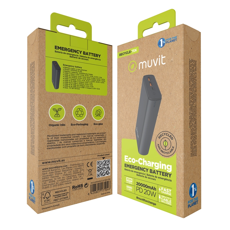 muvit for change power bank 20000 mAh Dual USB + Dual USB C + Output (USB A+tipo C)PD 20w negra